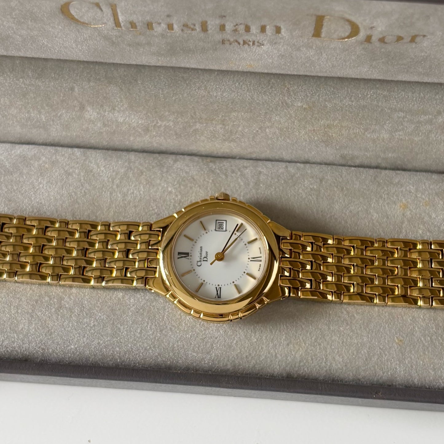 Dior 1990s Date Round Dial Gold Plated Watch