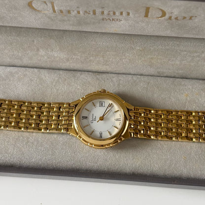 Dior 1990s Date Round Dial Gold Plated Watch
