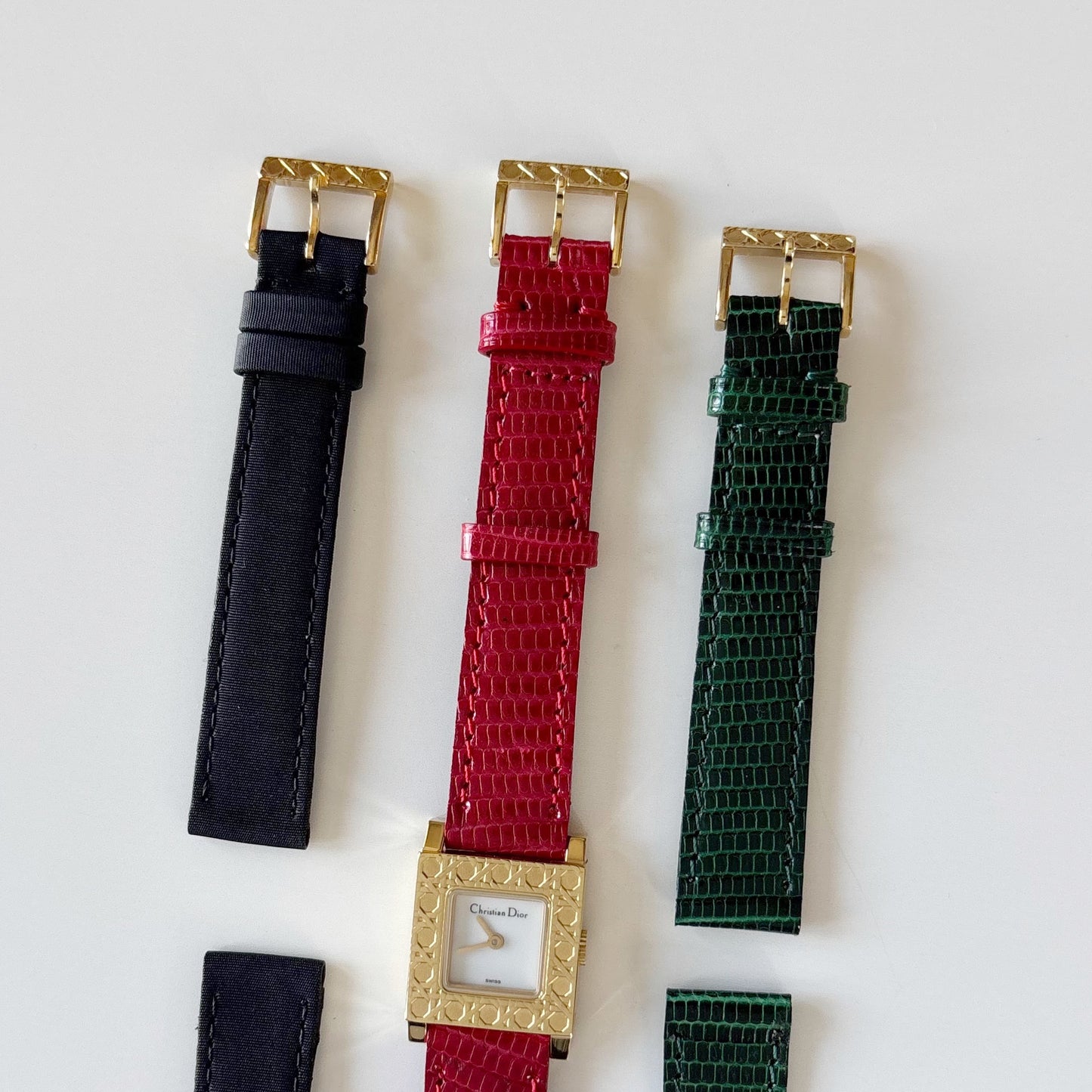 Dior 1990s La Parisienne Interchangeable Strap Square Dial Gold Plated Watch with 3 straps, case