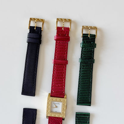 Dior 1990s La Parisienne Interchangeable Strap Square Dial Gold Plated Watch with 3 straps, case
