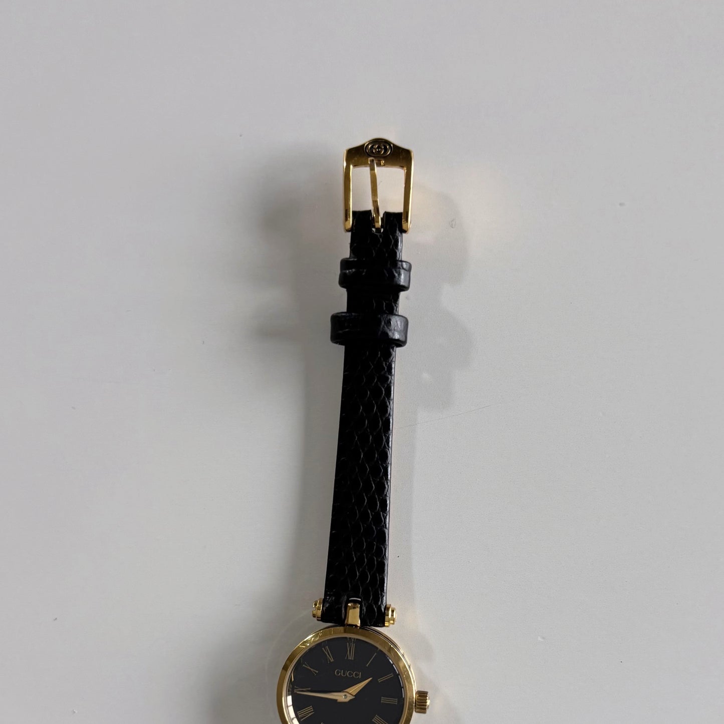 Gucci 1990s Black Round Dial Gold Plated Watch