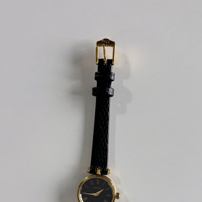 Gucci 1990s Black Round Dial Gold Plated Watch