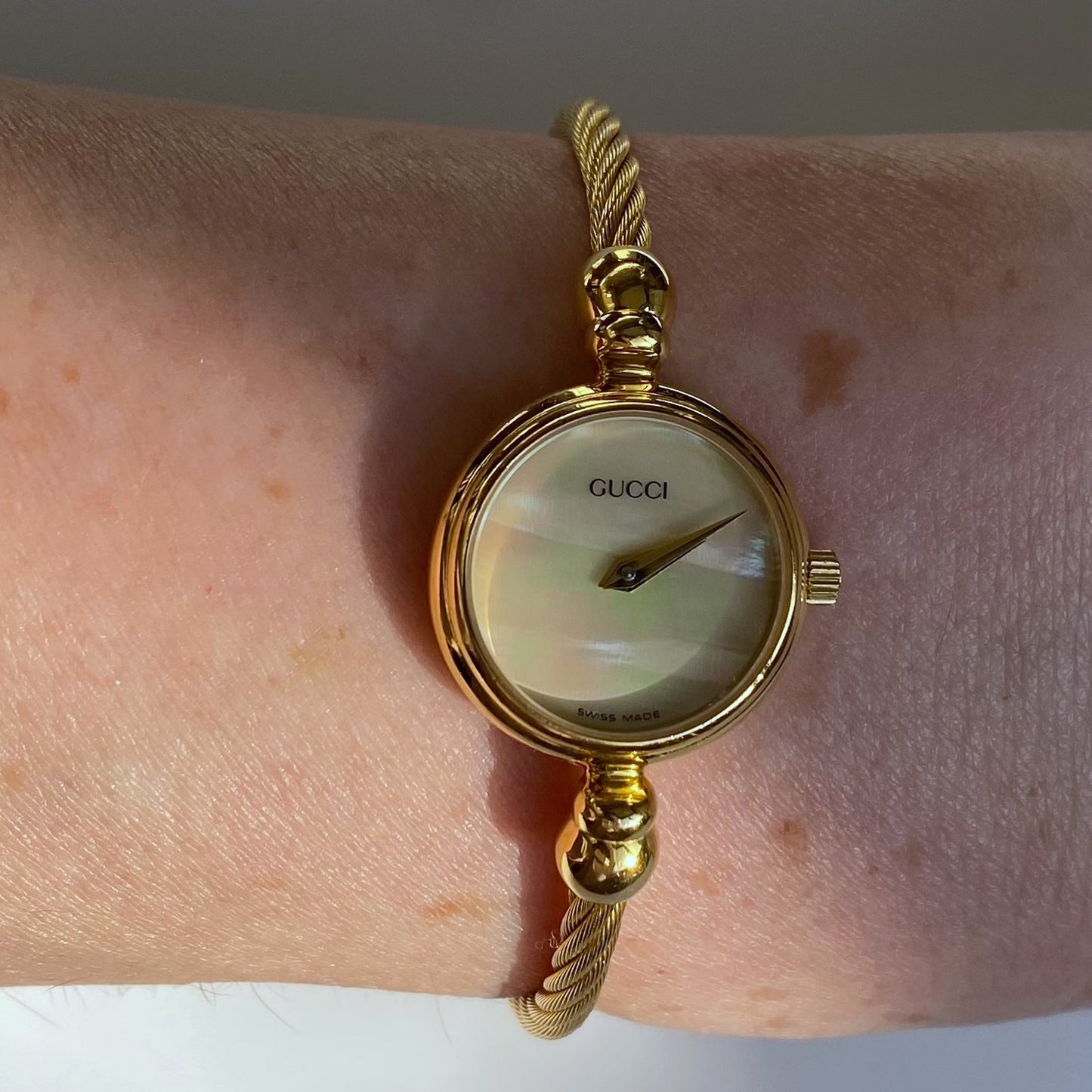 Gucci 1990s Seashell Dial Gold Plated Bangle Watch