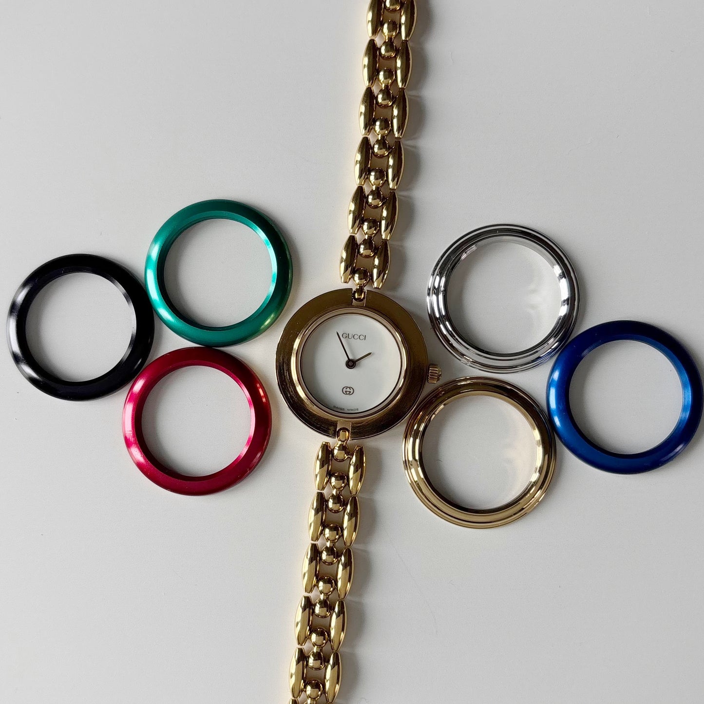 Gucci 1990s Interchangeable Bezel Gold Plated Rice Chain Watch with 6 bezels, case (172mm)