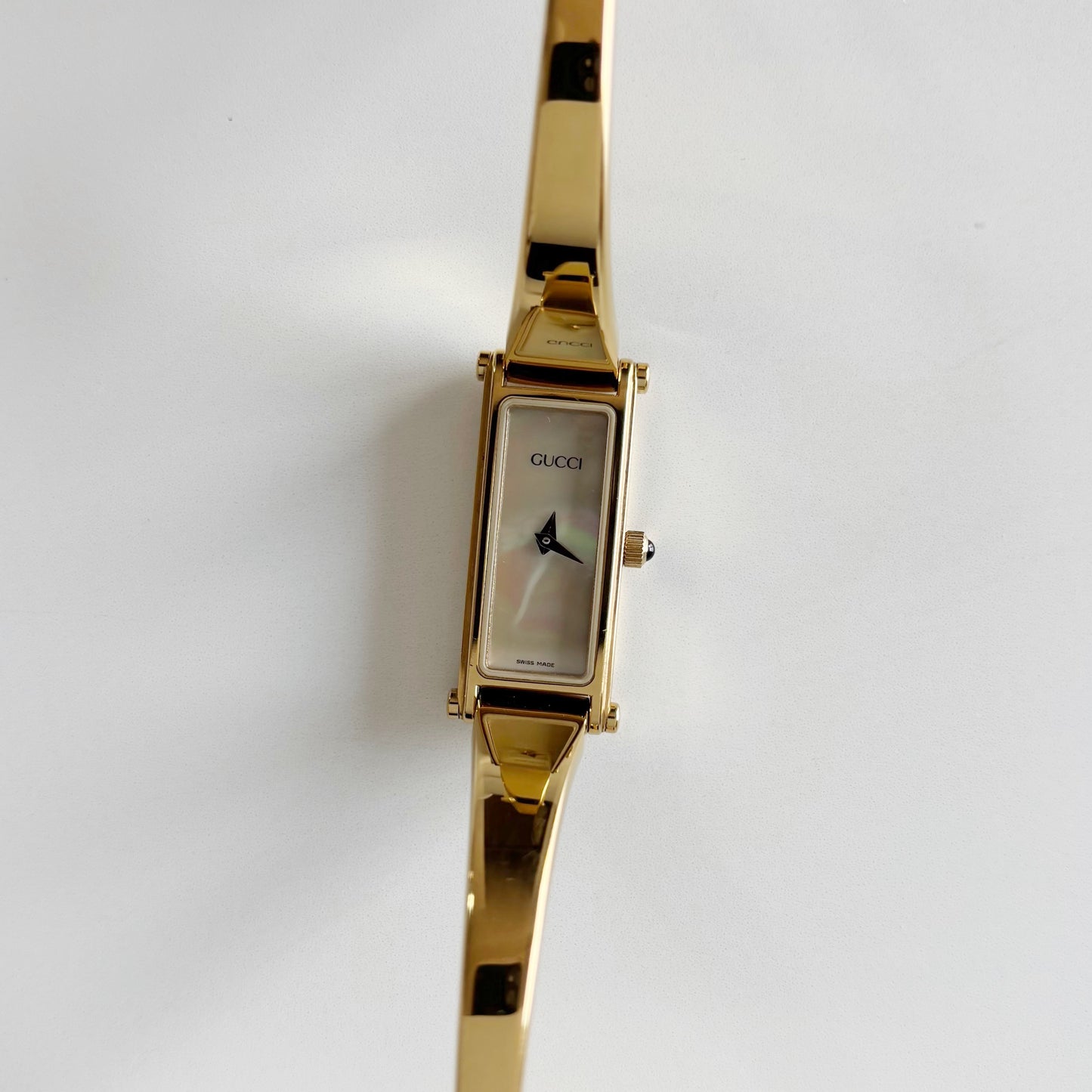 Gucci 1990s Seashell Dial Rectangular Gold Plated Bangle Watch