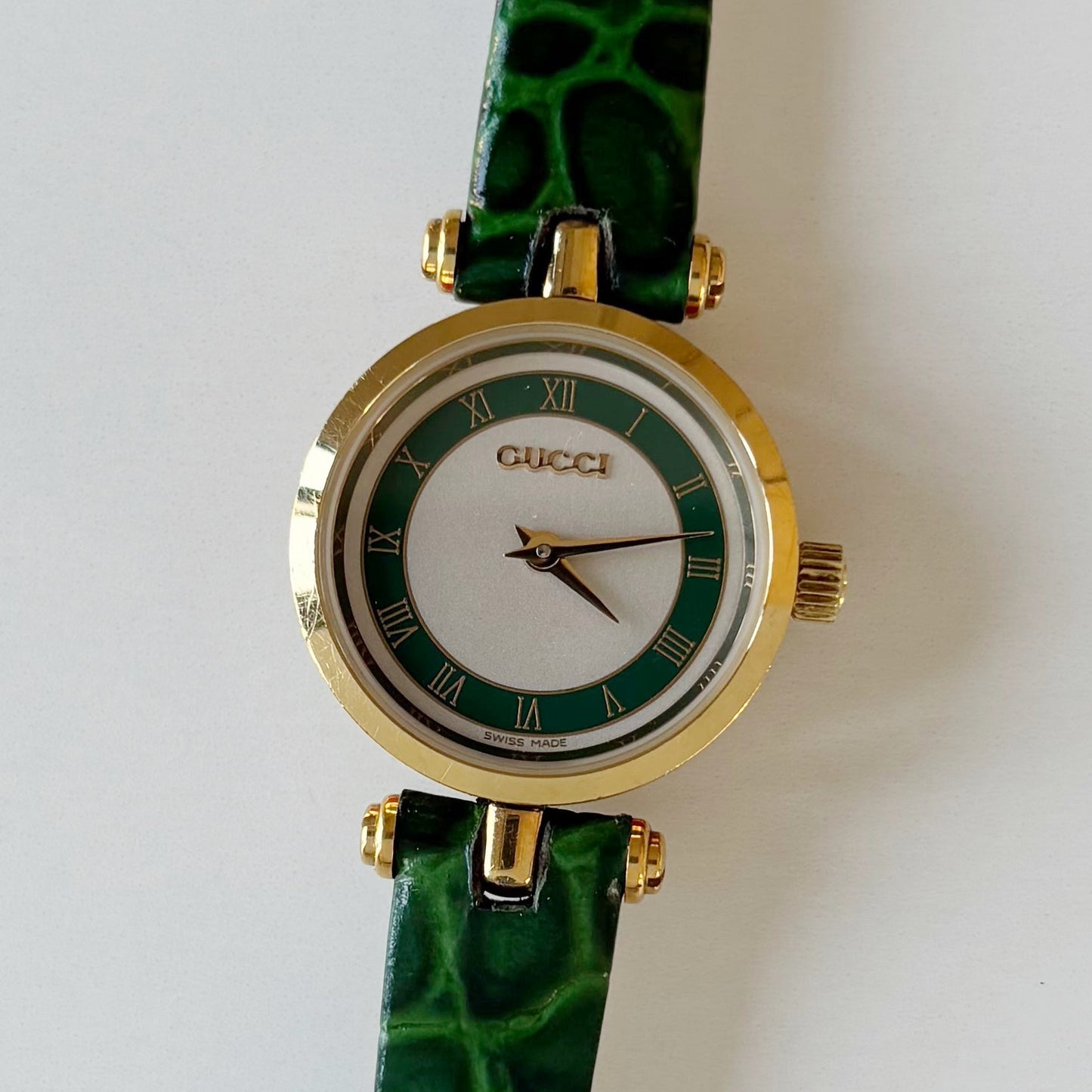 Gucci 1990s Green Round Dial Gold Plated Watch