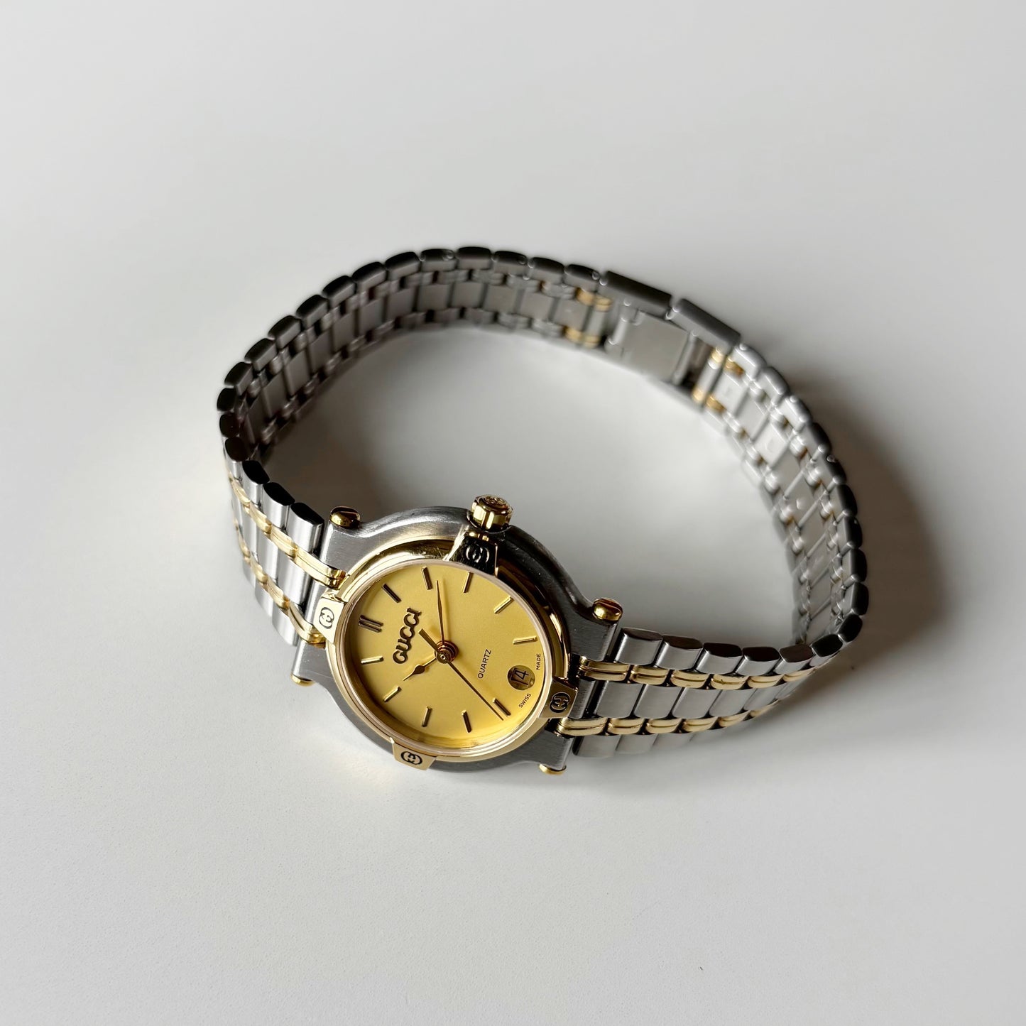 Gucci 1990s Date Round Dial Gold Plated Two Tone Watch