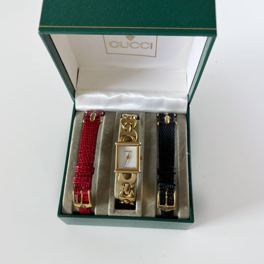 Gucci 1990s Interchangeable Belt Gold Plated Watch with 3 belts, case