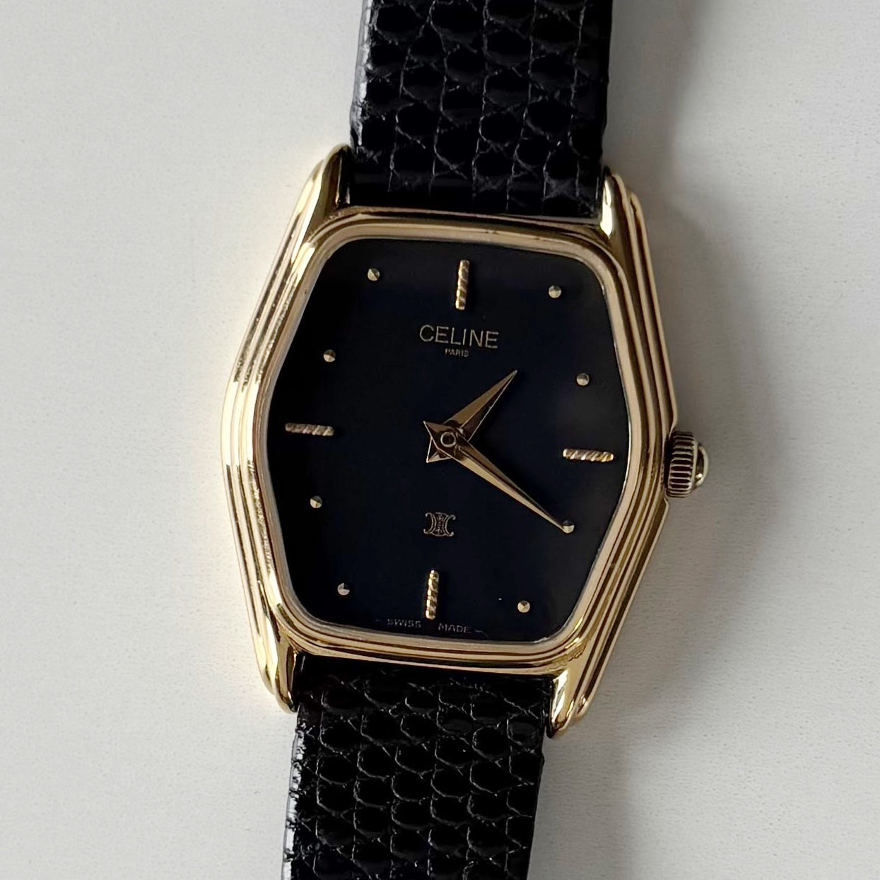 Celine 1980s Black Dial Gold Plated Watch