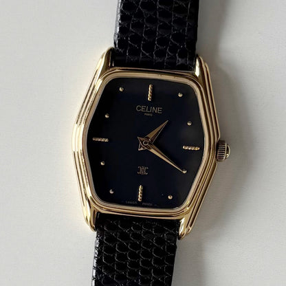 Celine 1980s Black Dial Gold Plated Watch