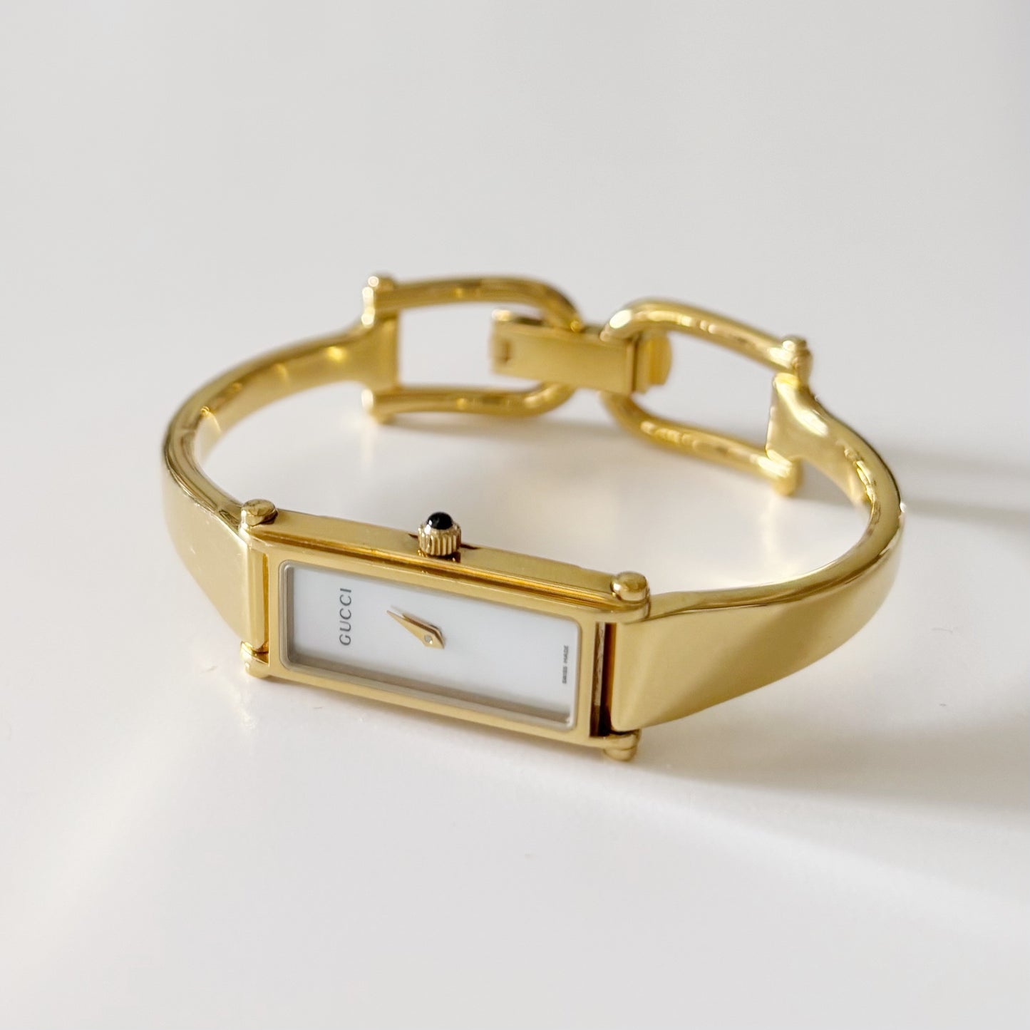Gucci 1990s Seashell Dial Rectangular Gold Plated Bangle Watch