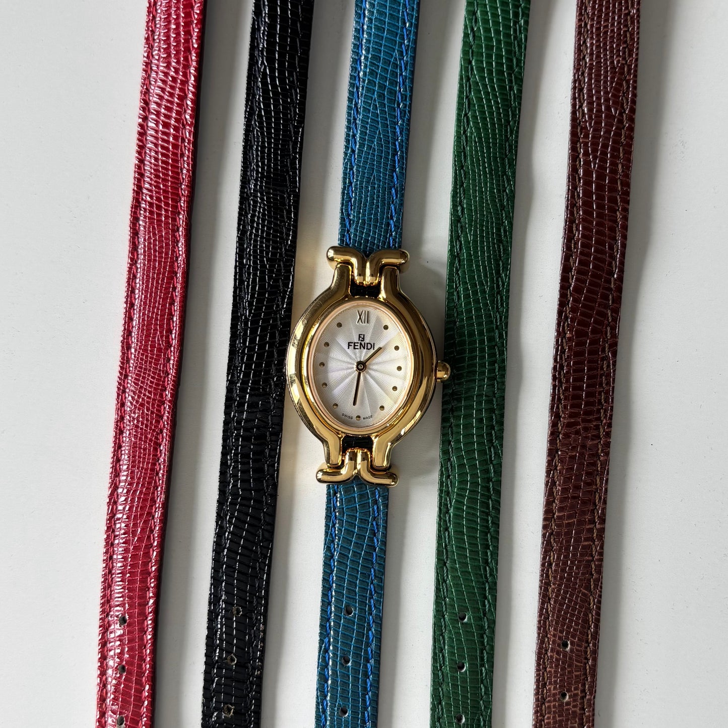 Fendi 1990s Interchangeable Strap Gold Plated Watch with 5 straps, case