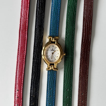 Fendi 1990s Interchangeable Strap Gold Plated Watch with 5 straps, case