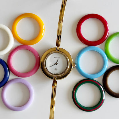 Gucci 1990s Interchangeable Bezel Gold Plated Watch with 12 bezels, case (Small)