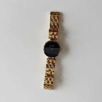 Dior 1990s Bagheera Black Dial Gold Plated Round Watch