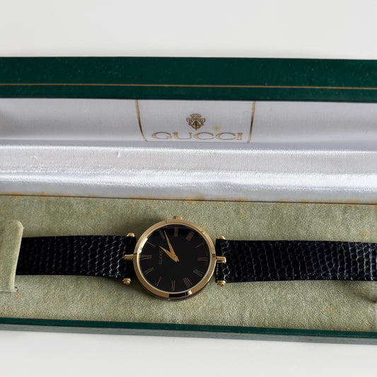 Gucci 1990s Black Dial Gold Plated Watch (Large)
