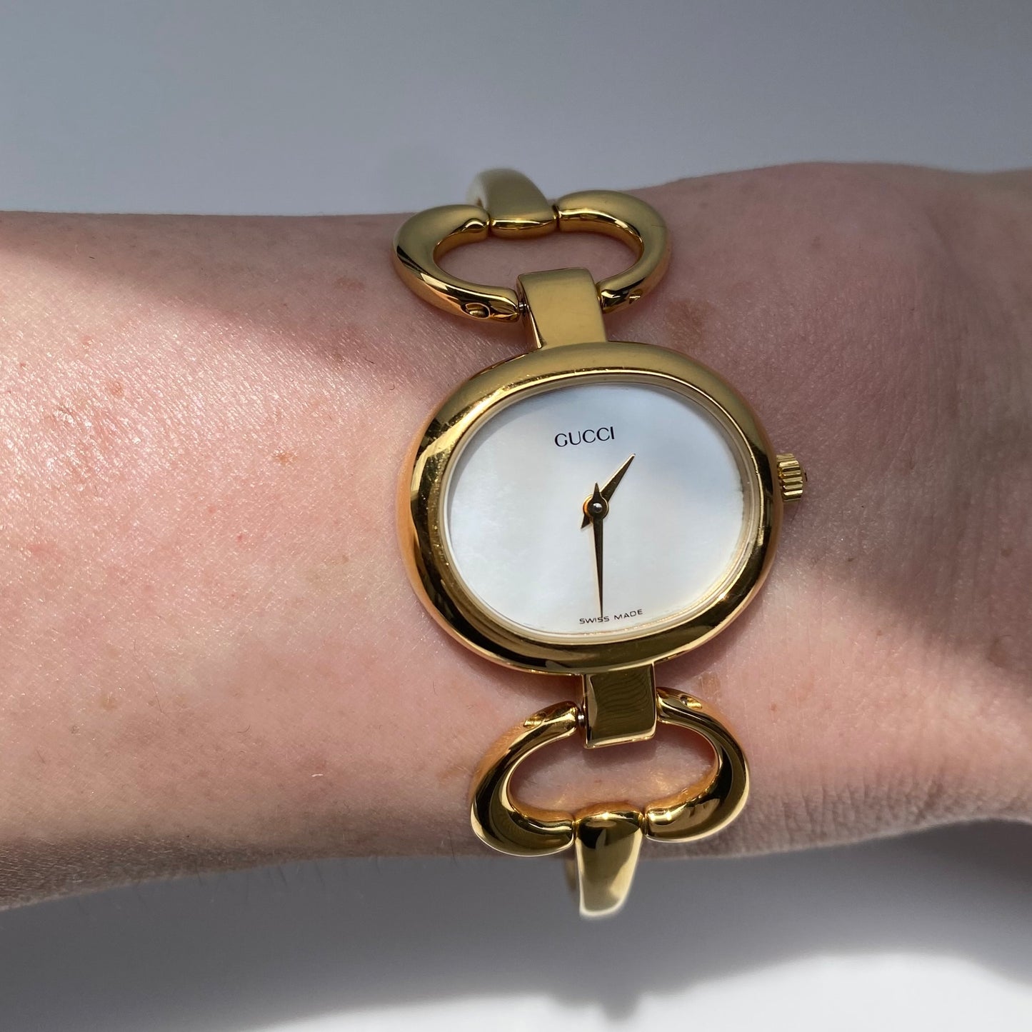 Gucci 1990s Seashell Dial Gold Plated Bangle Watch