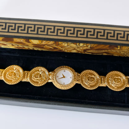 Gianni Versace 1990s Signature 18K Gold Plated Coin Watch