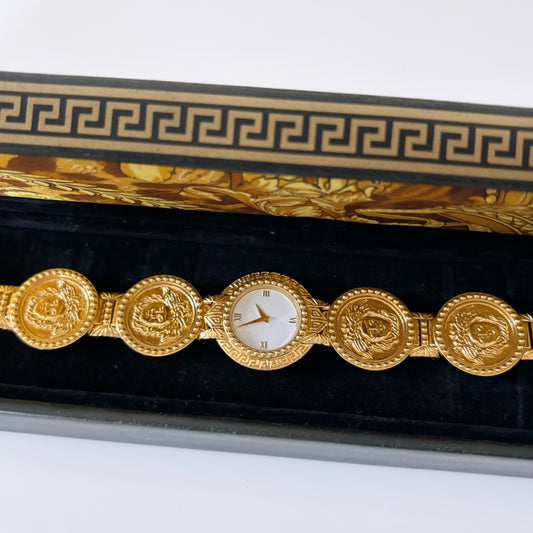 Gianni Versace 1990s Signature 18K Gold Plated Coin Watch