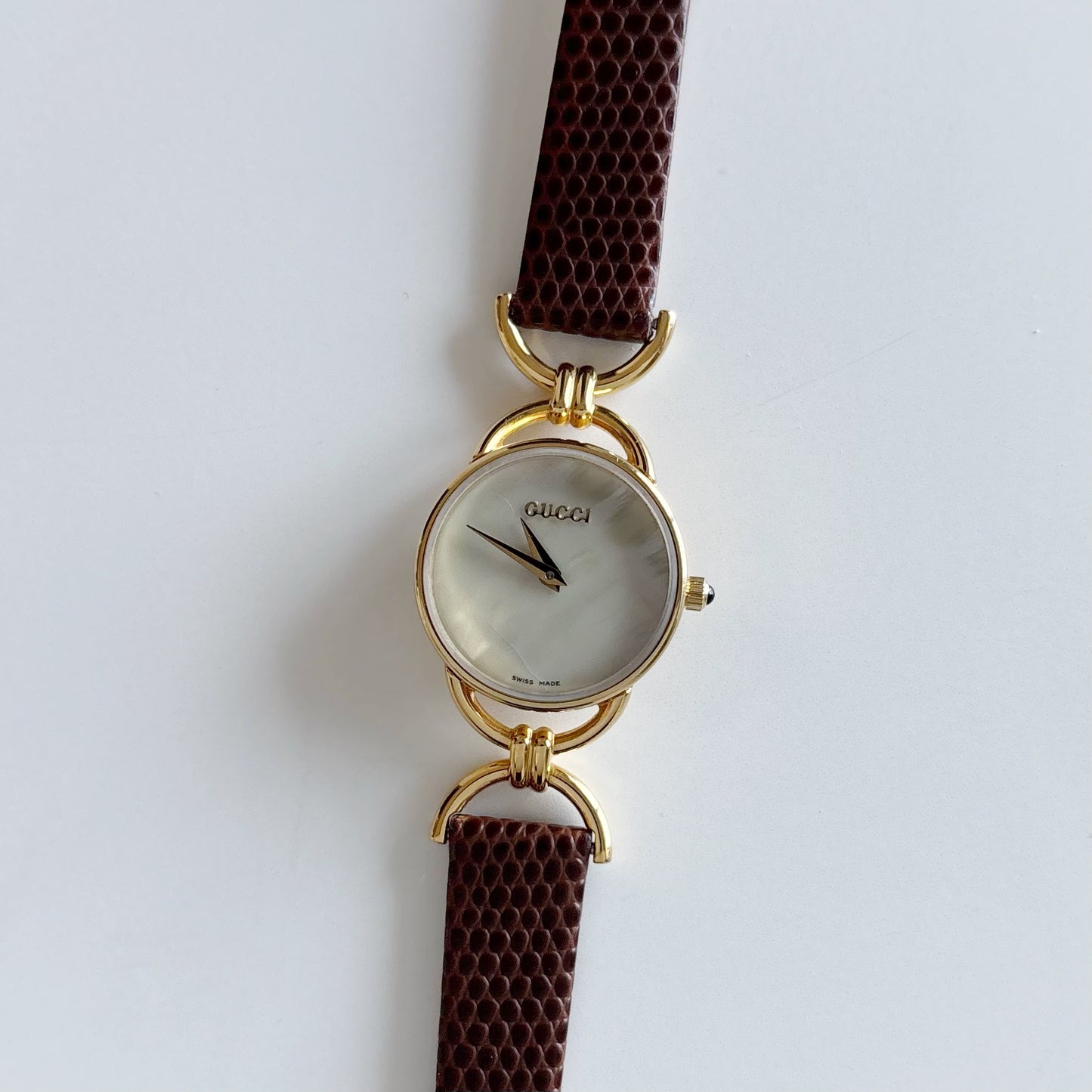 Gucci 1990s Seashell Dial Gold Plated Horsebit Watch