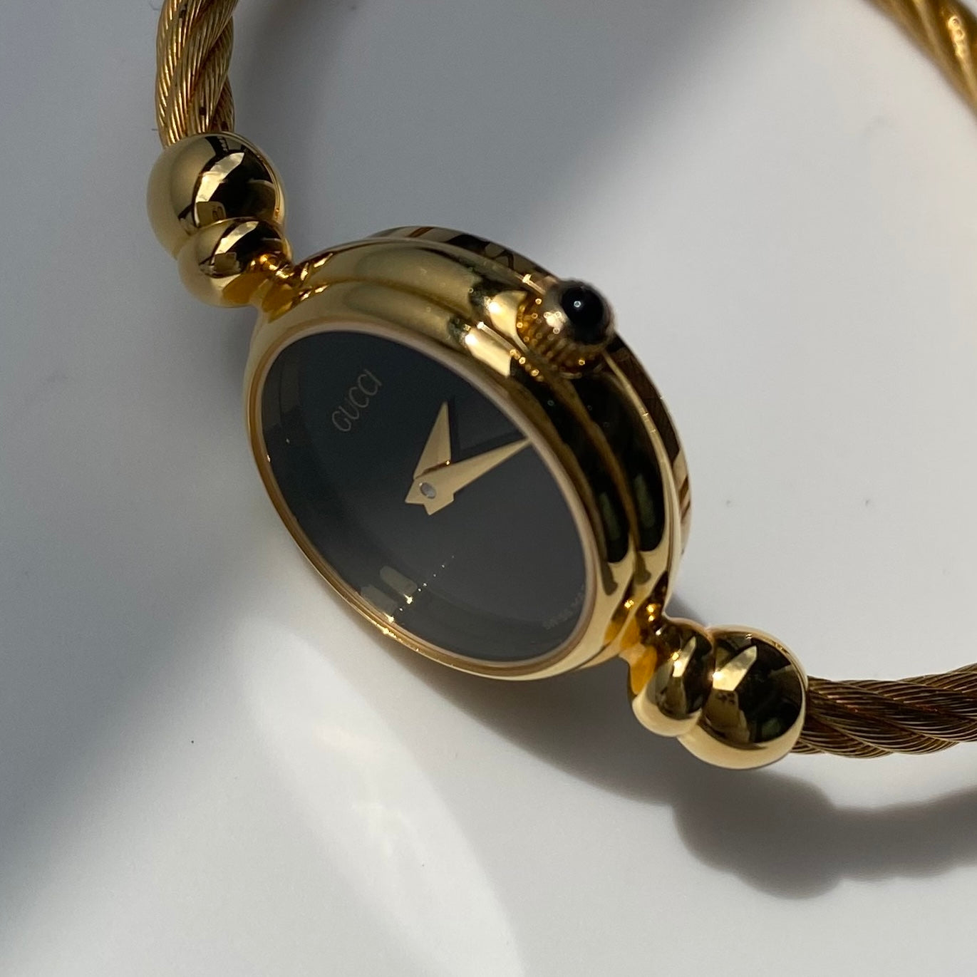 Gucci 1990s Black Dial Gold Plated Cable Bangle Watch