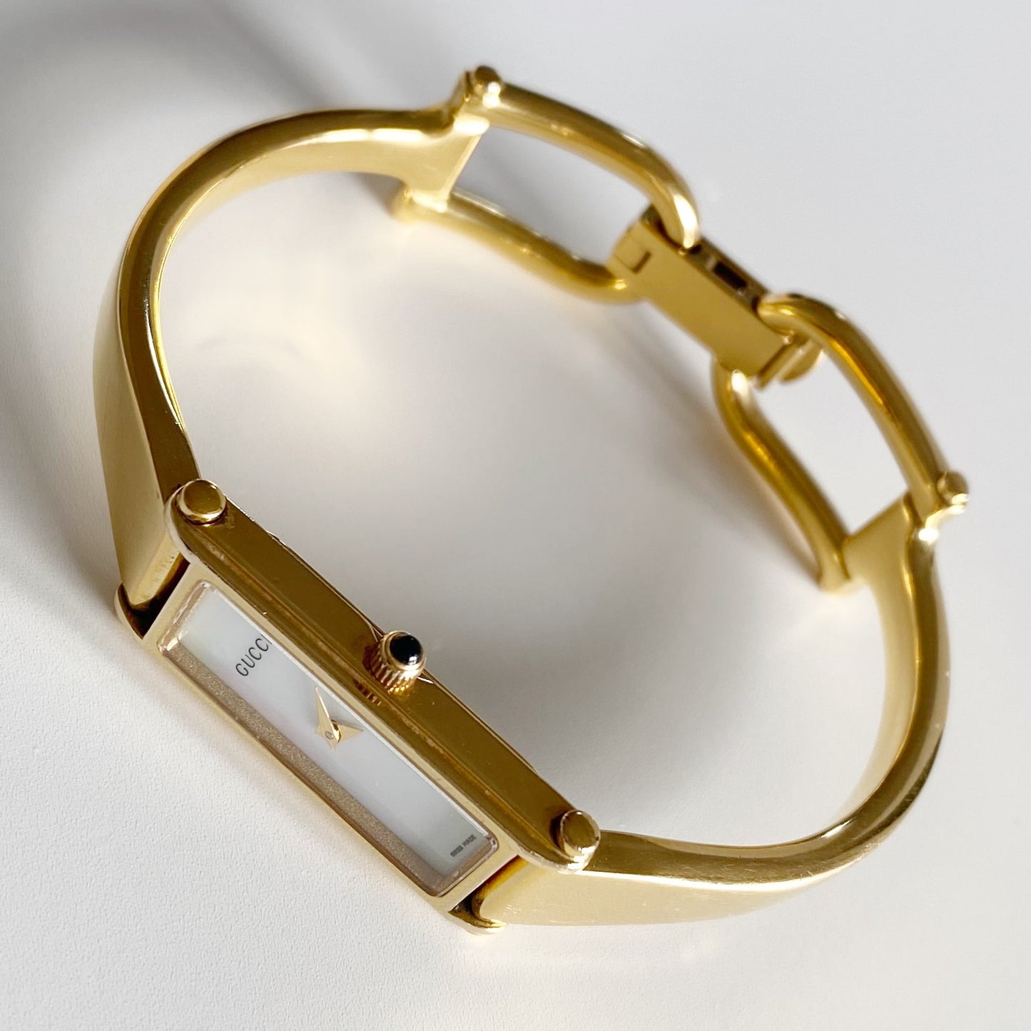 Gucci 1990s Seashell Dial Rectangular Gold Plated Bangle Watch