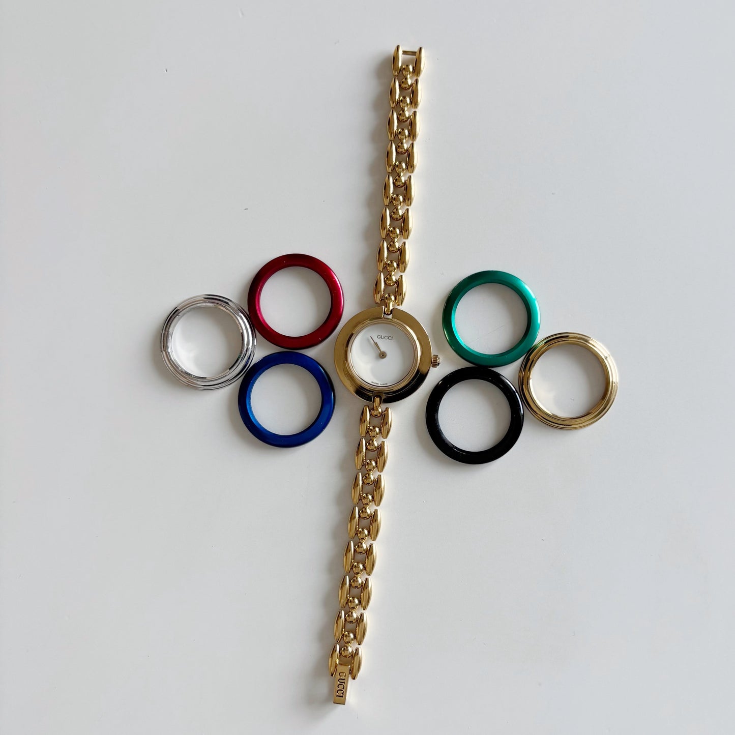 Gucci 1990s Interchangeable Bezel Gold Plated Watch with 6 bezels, case (160mm)