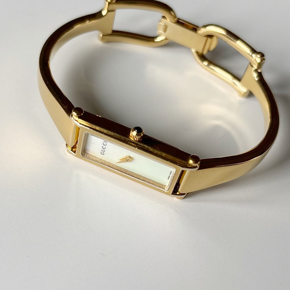 Gucci 1990s Seashell Dial Rectangular Gold-Plated Bangle Watch