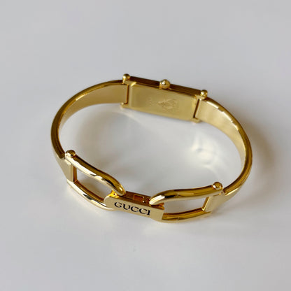 Gucci 1990s Seashell Rectangular Dial Gold Plated Bangle Watch