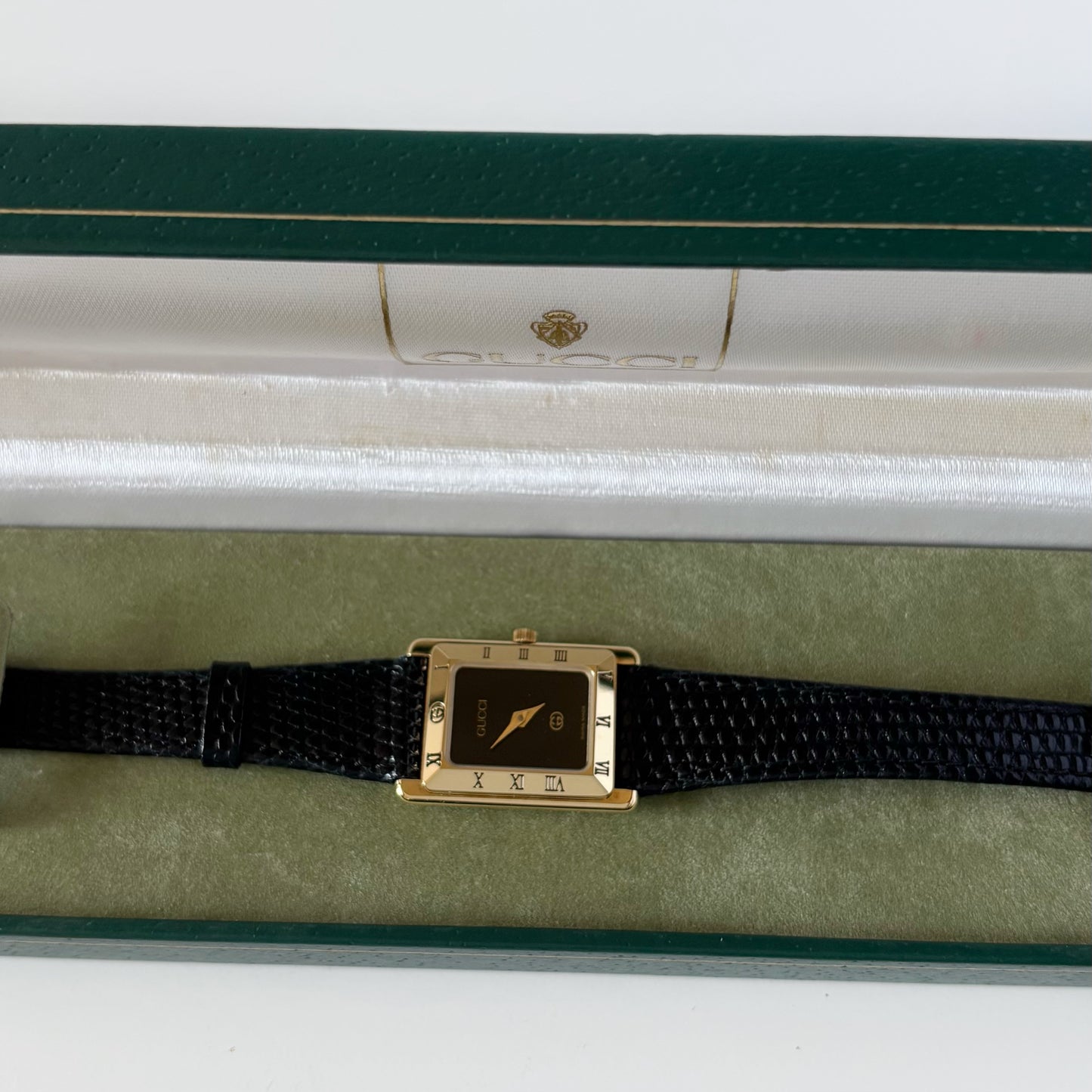 Gucci 1980s Black Dial Tank Gold Plated Watch