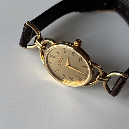 Gucci 1980s Round Dial Horsebit Gold Plated Watch
