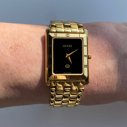 Gucci 1990s Black Dial Tank Gold Plated Watch (Large)