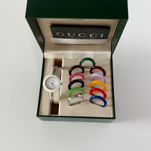 Gucci 1990s Interchangeable Bezel Stainless steel Bangle Watch with case, 12 bezels