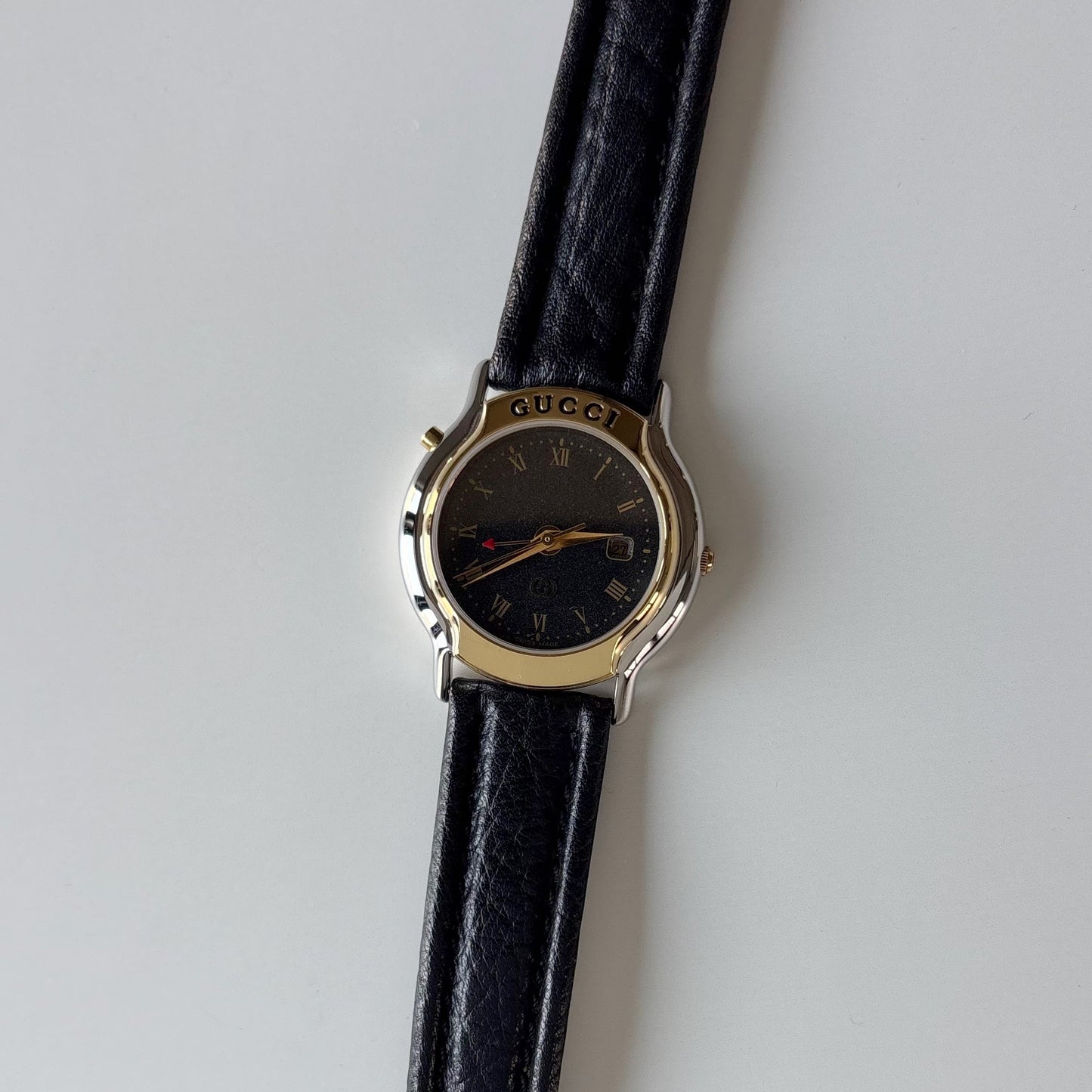 Gucci 1990s Date Black Round Dial Two Tone Watch