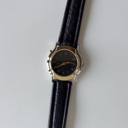 Gucci 1990s Date Black Round Dial Two Tone Watch