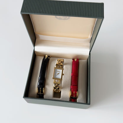 Gucci 1990s Interchangeable Belt Gold Plated Watch with 3 straps, case