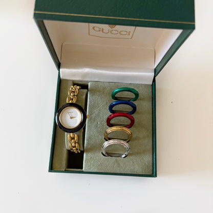 Gucci 1990s Interchangeable Bezel Gold Plated Watch with 6 bezels, case