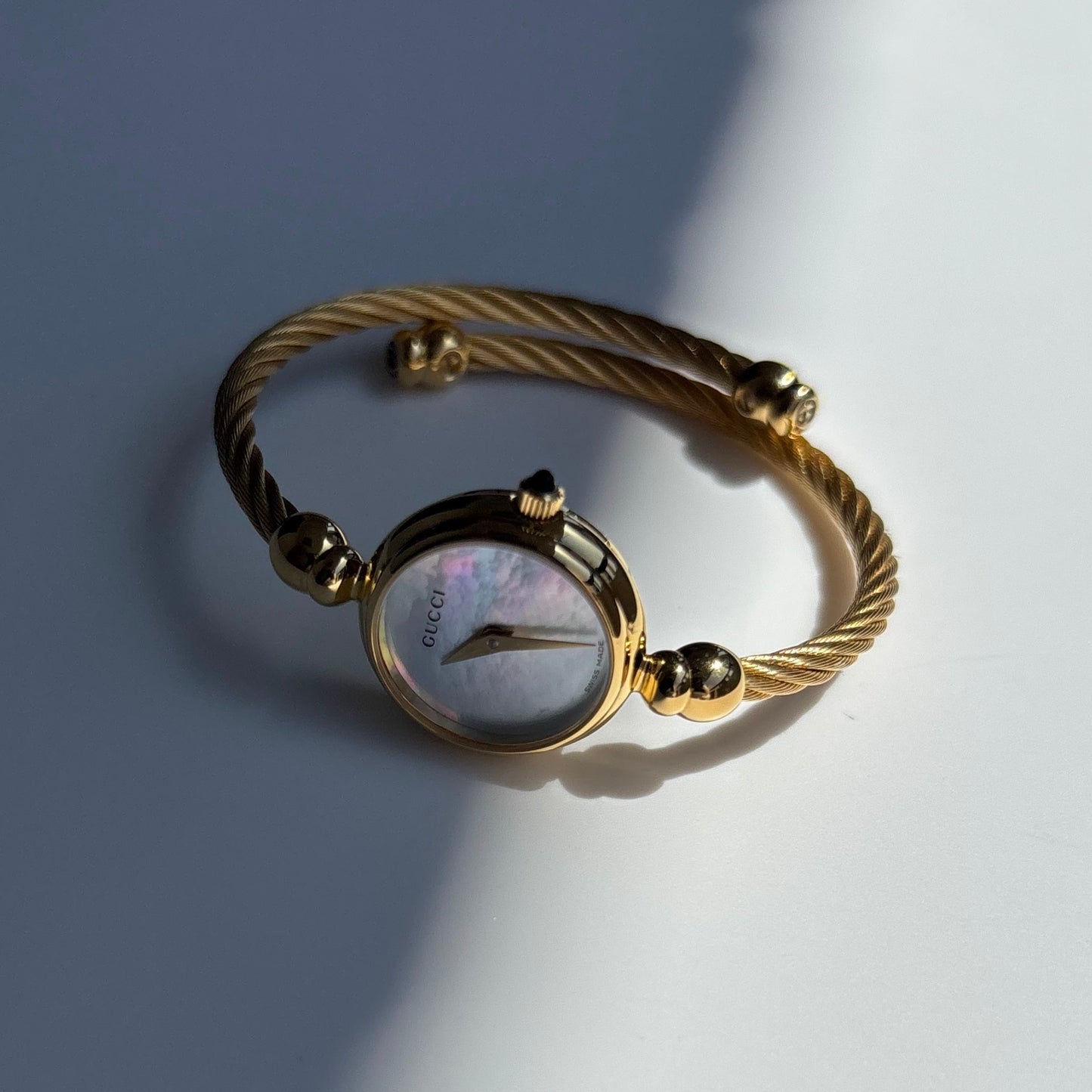 Gucci 1990s Seashell Dial Gold Plated Cable Bangle Watch