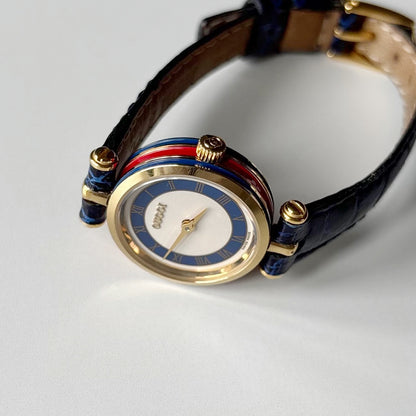 Gucci 1990s Round Dial Blue Gold Plated Watch