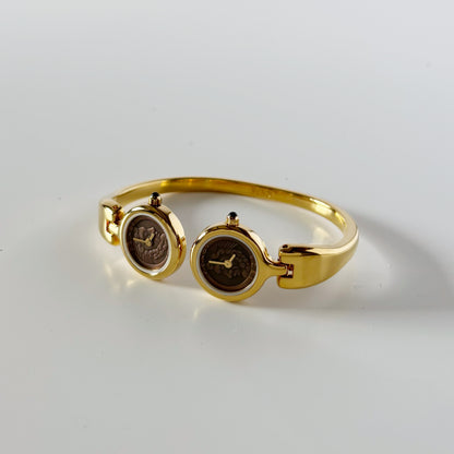 Fendi 1990s Seashell Dial Two Time Zone Gold Plated Bangle Watch