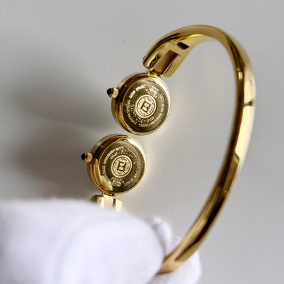 Fendi 1990s Seashell Dial Two Time Zone Gold Plated Bangle Watch