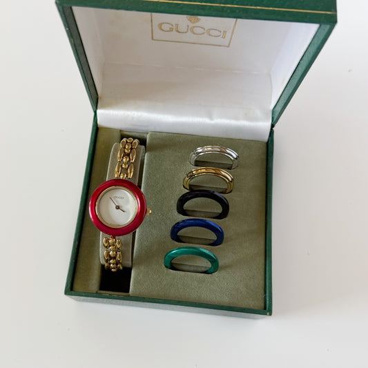 Gucci 1990s Interchangeable Bezel Gold Plated Watch with 6 bezels, case (170mm)