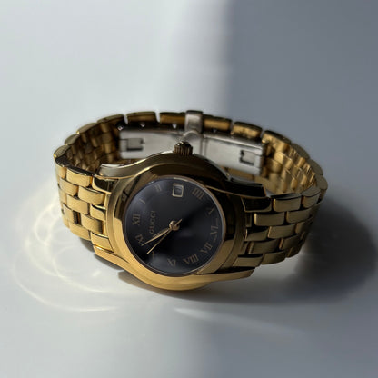 Gucci 1990s Date Black Round Dial Gold-Plated Watch
