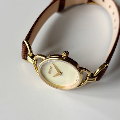 Gucci 1990s Seashell Dial Gold Plated Horsebit Gold Plated Watch