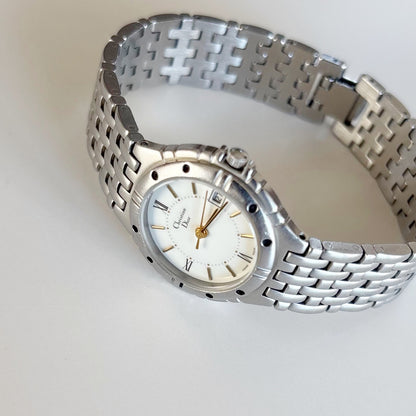 Dior 1990s Date Round Dial Silver Watch