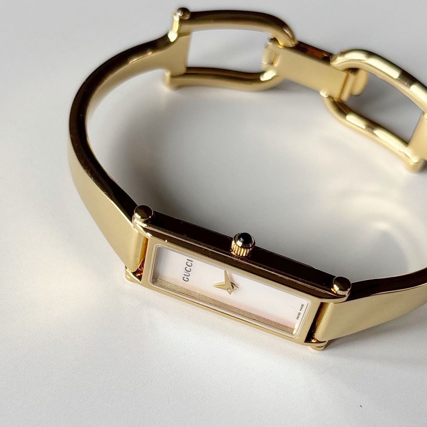 Gucci 1990s Seashell Rectangular Dial Gold Plated Bangle Watch
