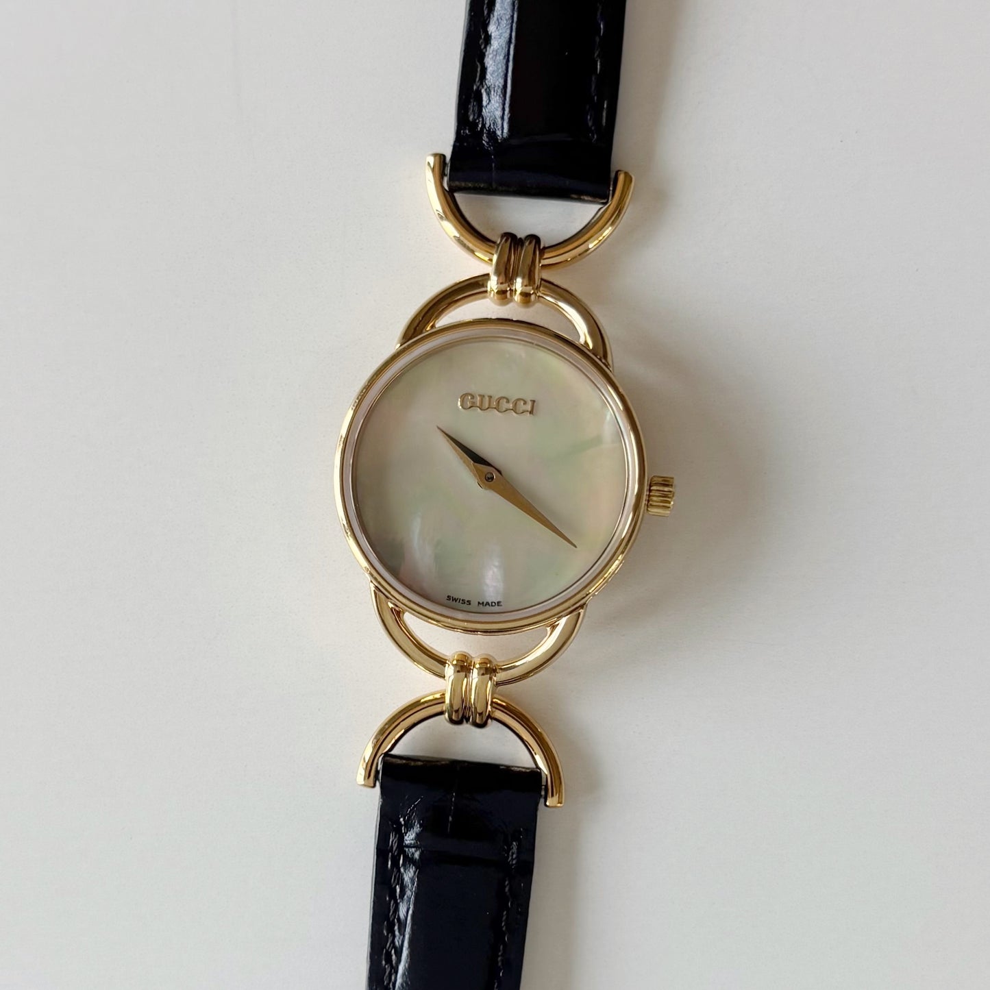 Gucci 1990s Seashell Dial Horsebit Gold Plated Watch