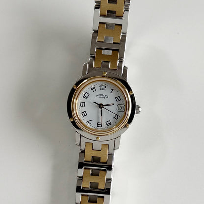 Hermes 1990s Date White Dial Clipper Two Tone Watch