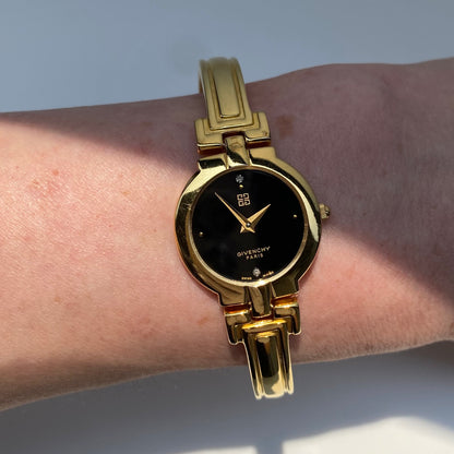 Givenchy 1990s Black Dial Gold Plated Bangle Watch