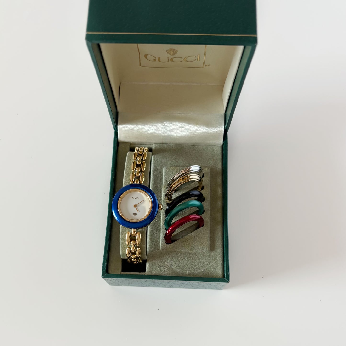 Gucci 1990s Interchangeable Bezel Gold Plated Rice Chain Watch with 6 bezels, case (170mm)